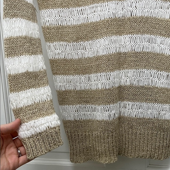 John + Jenn Women's Tan and White Loose Knit Long Line Stripe Sweater - Sz Small - Picture 7 of 16